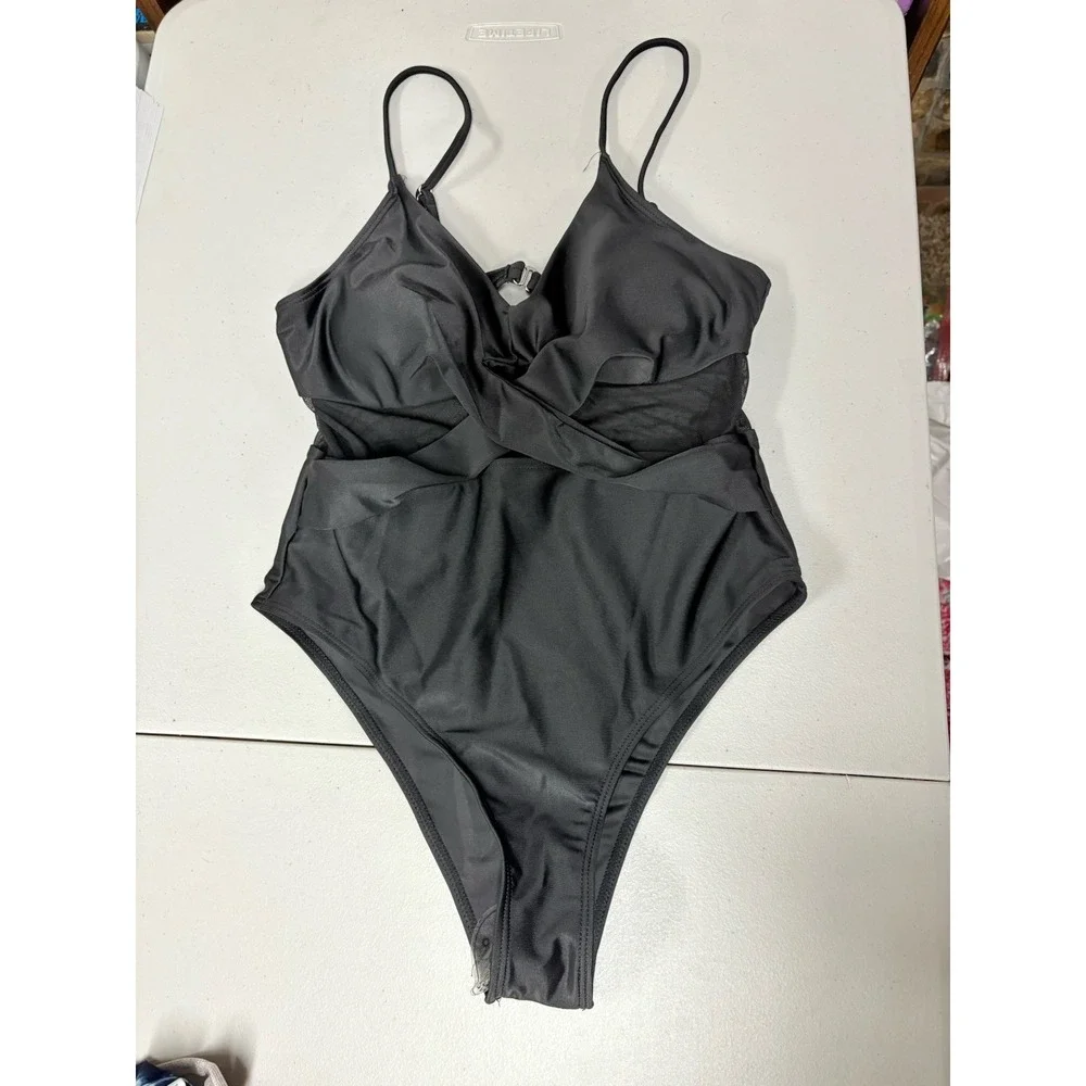 NWOT Womens One Piece Black Swimsuit. sheer Detailing‎ Medium